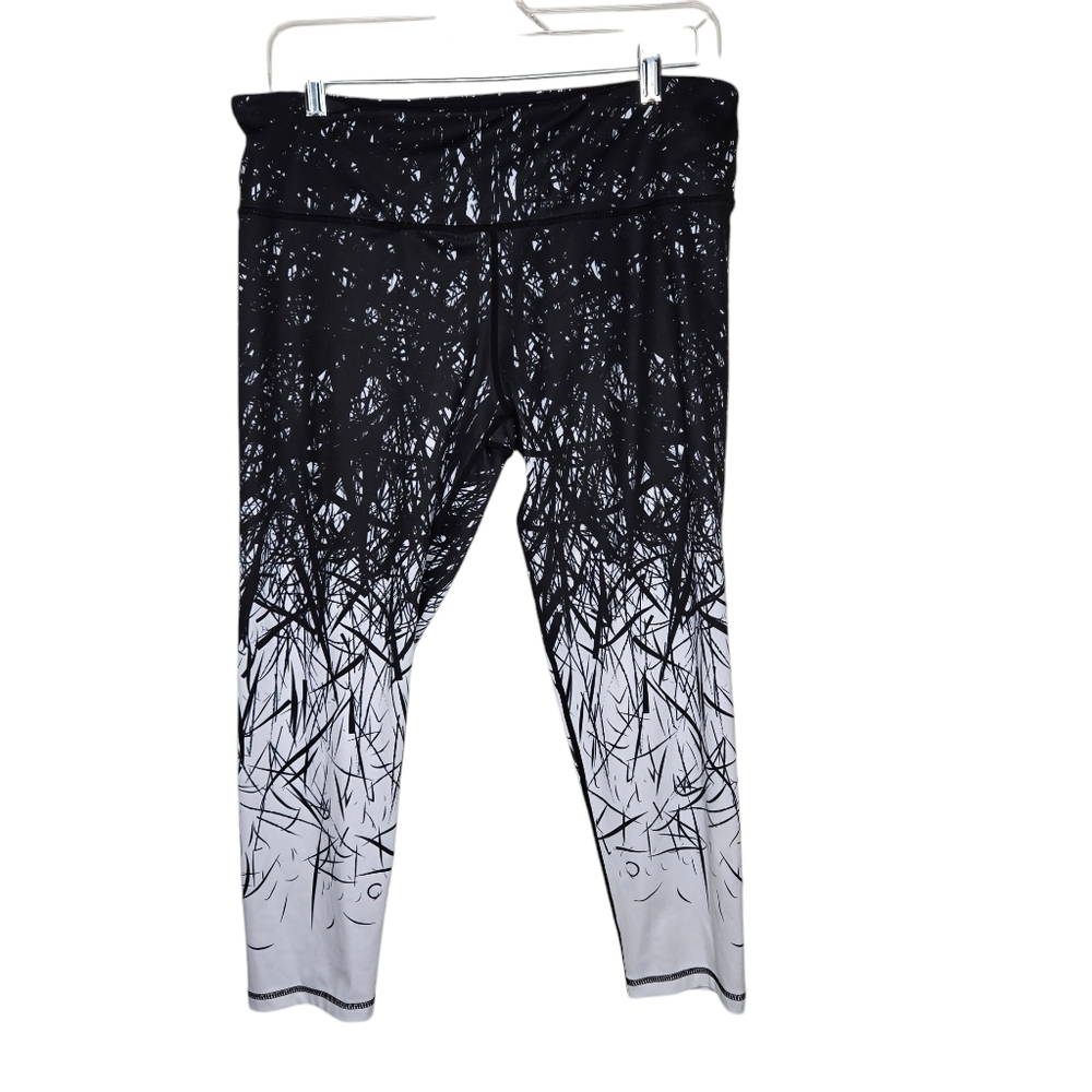 Coolomg Womens Leggings Pants Black White Low Rise Abstract Stretch Pull On XL